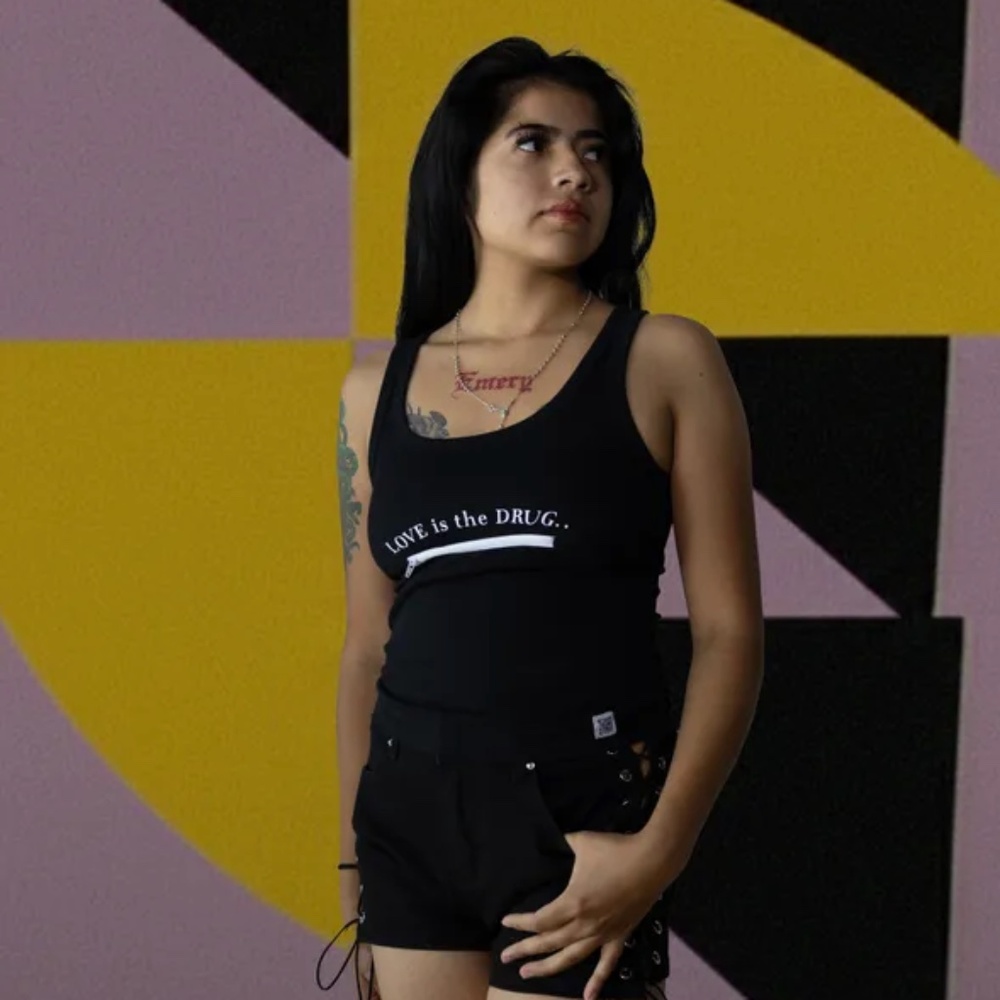 Tanks Love is the Drug with zipper detail